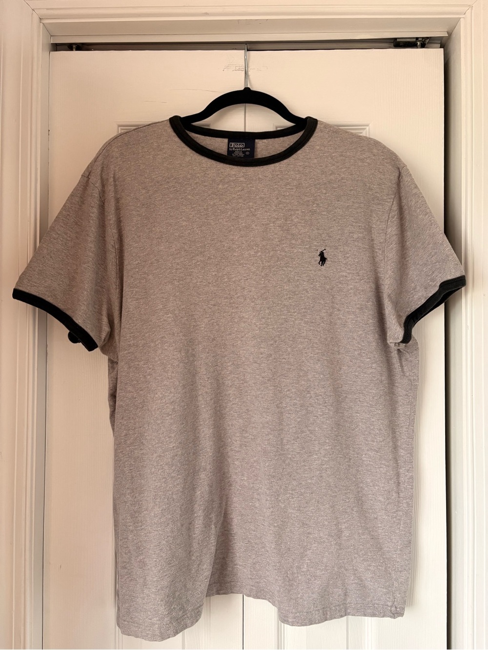 Vintage Polo by Ralph Lauren 100% Cotton Heather Gray Ringer Tee with Black Trim